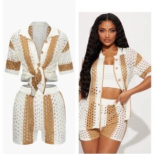 Micas White and Tan Crochet Two-Piece Set